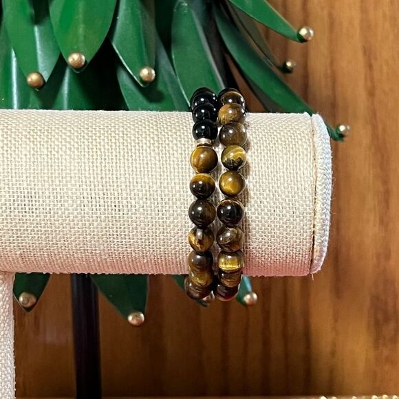 NWT Tiger's Eye and Black Bead 2 Stretch Bracelets #JW7 - Picture 7 of 8